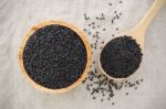 Black Sesame In Wood Bowl Stock Photo