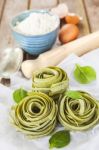 Traditional Italian Raw Homemade Spinach Pasta Stock Photo