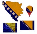 Grunge Bosnia And Herzegovina Flag, Map And Map Pointers Stock Photo