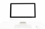 Computer On Table Isolated Clipping Path Inside On White Backgro Stock Photo