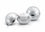 Two Silver Sphere Cosmetic Jar On White Background Stock Photo