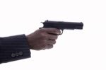 Hand Of Man With Gun On A White Background Stock Photo