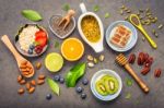 Ingredients For The Healthy Foods Background Mixed Nuts, Honey, Stock Photo