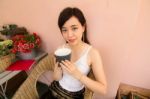 Portrait Of Thai Adult Women Office Beautiful Girl Drinking Coffee Stock Photo