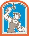 Builder Carpenter Holding Hammer Shield Cartoon Stock Photo