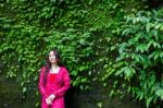 Summer Portrait Of Young  Women Enjoying Nature  In Tight Fitting Red Dress Summer Vacation,sunny,having Fun, Positive Mood,romantic, Against Background Of Summer Green Park, Green Leaves Stay Outdoor Stock Photo