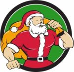 Super Santa Claus Carrying Sack Circle Cartoon Stock Photo