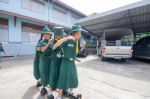 Student 9-10 Years Old, Scout In Adventure Activities, Scout Camp School Bangkok Thailand Stock Photo