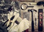 Set Of Tools Over A Wood Background Stock Photo