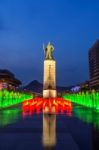 Seoul, South Korea - April 30, 2016:beautifully Color Water Fountain At Gwanghwamun Plaza With The Statue Of The Admiral Yi Sun-sin In Downtown.photo Taken On April 30,2016 In Seoul,south Korea Stock Photo