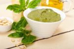 Italian Basil Pesto Sauce Ingredients Stock Photo