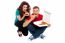 Sitting Young Couple Eating Pizza