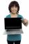 Smiling Asian Woman Pointing Laptop