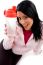 Front View Of Smiling Female With Bottle On White Background