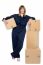 Charming Woman In Uniform Posing With Cartons