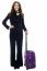 Cheerful Woman Traveler Holding Trendy Purple Strolley