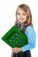 Cheerful Kid Holding Big Green Calculator