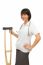 Smiling Medical Doctor Holding Crutches