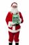 Old Man Dressed As Santa Showing A Large Green Calculator