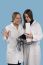 Two Women Doctors A Over Blue Background