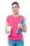 Young Woman Holding Notebook And Beverage Cup