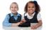 Smiling School Girls Playing On Touchpad