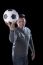 Face Of Soccer Lover Holding Football Ball Isolated Black Backgr