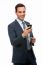 Smiling Businessman Holding Mobile Phone