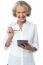 Smiling Woman With Tablet Over White