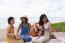 Portrait Group Of Young Asian Woman Playing Guitar In Sea Beach Picnic Party At Sea Side With Happiness Face Emotion