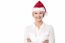 Arms Crossed Cheerful Lady Wearing Santa Cap