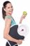 Happy Lady Posing With Weighing Scale And Apple