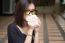 Portrait Of Thai Adult Glasses Beautiful Girl Drinking Coffee