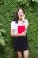 Thai Adult Student University Beautiful Girl Reading Red Book