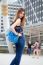 Portrait Of Thai Chinese Adult Beautiful Girl Denim Blue Bag Travel Relax And Smile