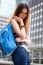 Portrait Of Thai Chinese Adult Beautiful Girl Denim Blue Bag Travel Relax And Smile