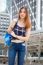 Portrait Of Thai Chinese Adult Beautiful Girl Denim Blue Bag Travel Relax And Smile