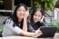 Two Asia Thai High School Student Best Friends Beautiful Girl Using Her Tablet And Funny