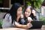 Two Asia Thai High School Student Best Friends Beautiful Girl Using Her Tablet And Funny