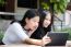 Two Asia Thai High School Student Best Friends Beautiful Girl Using Her Tablet And Funny