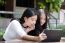 Two Asia Thai High School Student Best Friends Beautiful Girl Using Her Tablet And Funny