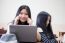 Two Asia Thai High School Student Uniform Best Friends Beautiful Girl Using Her Laptop