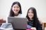 Two Asia Thai High School Student Uniform Best Friends Beautiful Girl Using Her Laptop