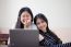 Two Asia Thai High School Student Uniform Best Friends Beautiful Girl Using Her Laptop