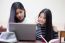 Two Asia Thai High School Student Uniform Best Friends Beautiful Girl Using Her Laptop