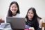 Two Asia Thai High School Student Uniform Best Friends Beautiful Girl Using Her Laptop