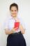 Portrait Of Thai High School Student Uniform Beautiful Girl Using Her Smart Phone Selfie