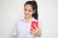 Portrait Of Thai High School Student Uniform Beautiful Girl Using Her Smart Phone Selfie