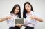 Two Asia Thai High School Student Uniform Best Friends Beautiful Girl Using Her Tablet And Funny