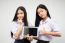 Two Asia Thai High School Student Uniform Best Friends Beautiful Girl Using Her Tablet And Funny